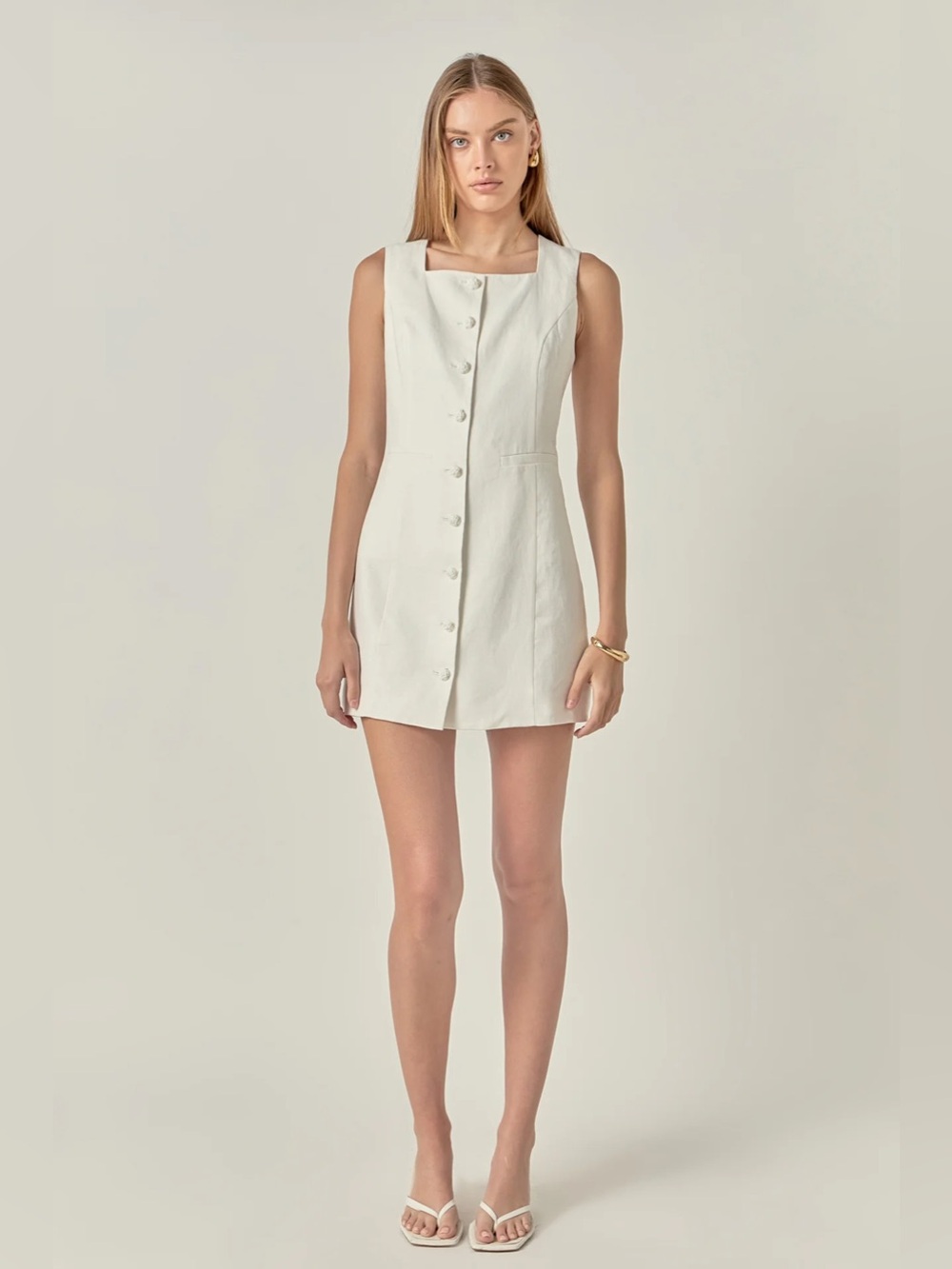 English Factory Linen Button Front Mini Dress White Sleeveless Size Small